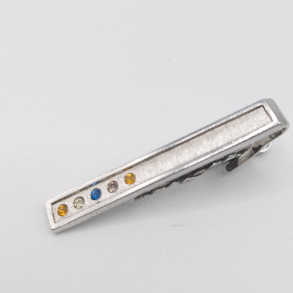 Vintage Sterling Silver Sarah Coventry Tie Clip Bar with Multicolor Rhinestones